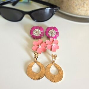 Lot of 3 Earrings- Pink Flowers and Gold Colour Pendant Earrings